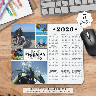 Modern 2025 Calendar 5 Photos Monogram Name Mouse Pad