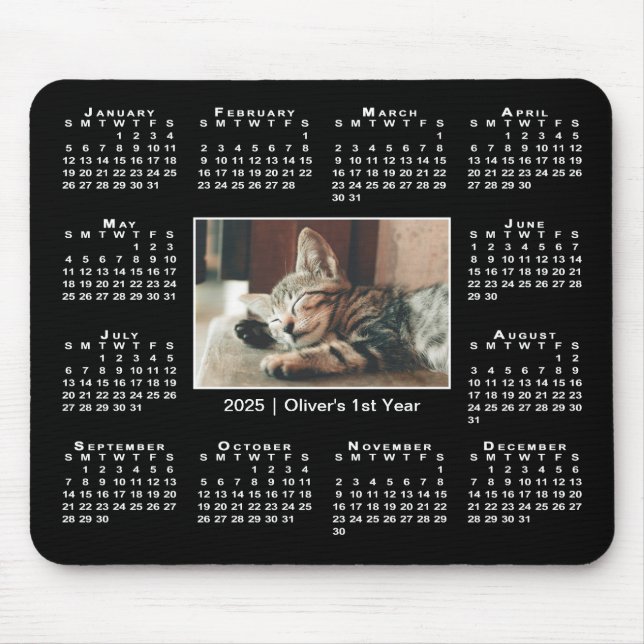 Modern 2025 Calendar Your Photo Name on Black Mouse Pad (Front)
