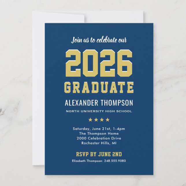 Modern 2025 Graduate Navy Gold Graduation Party Invitation (Front)