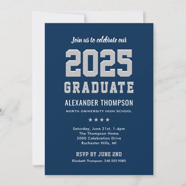 Modern 2025 Graduate Navy Gray Graduation Party Invitation (Front)