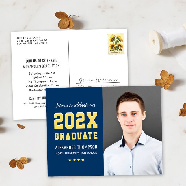 Modern 2025 Graduate Navy Yellow Photo Graduation Invitation Postcard (Creator Uploaded)