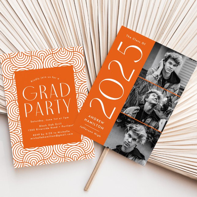 Modern 2025 Orange 3 Photo Graduation Party Invitation (Creator Uploaded)