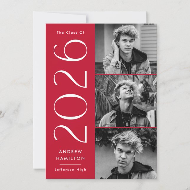 Modern 2025 Red 3 Photo Graduation Party Invitation (Front)