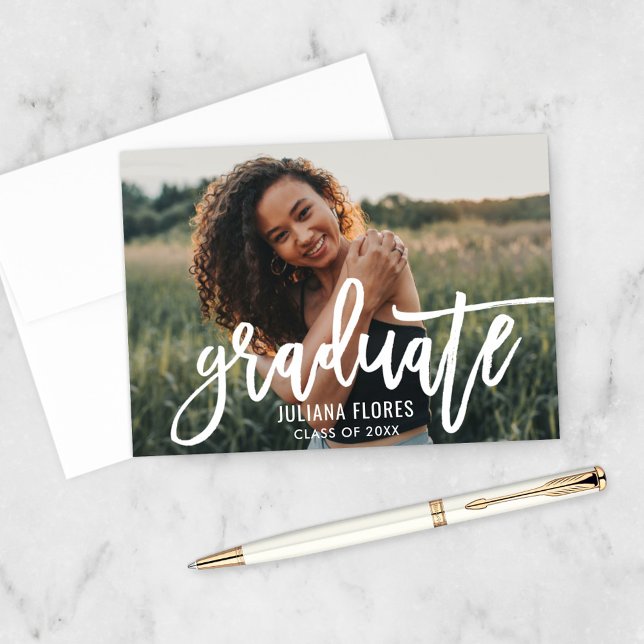 Modern 2025 White Brushed Script Graduation Photo Thank You Card (Creator Uploaded)