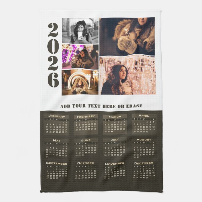 Modern 2026 Calendar 5 Photo Collage Magnet Card Tea Towel (Vertical)