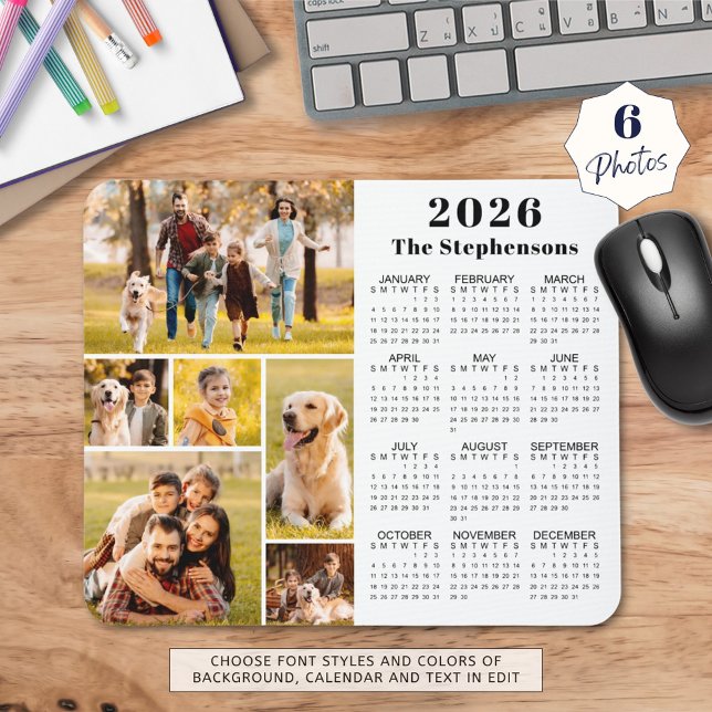 Modern 2026 Calendar 6 Photo Collage Personalised Mouse Pad (Creator Uploaded)