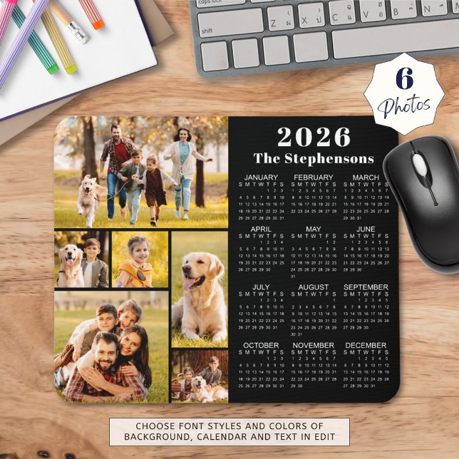 Modern 2026 Calendar 6 Photo Collage Personalized Mouse Pad (Creator Uploaded)