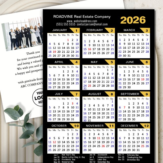Modern 2026 Calendar Business Photo Gold Black Holiday Postcard (Creator Uploaded)
