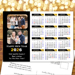 Modern 2026 Calendar Family 2 Photo Black Gold Holiday Postcard