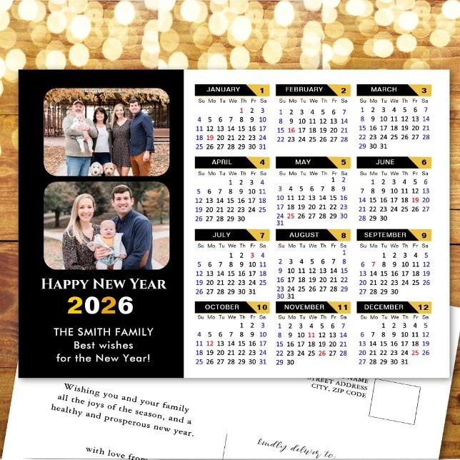 Modern 2026 Calendar Family 2 Photo Black Gold Holiday Postcard (Creator Uploaded)