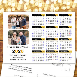 Modern 2026 Calendar Family 2 Photo Black Gold Holiday Postcard