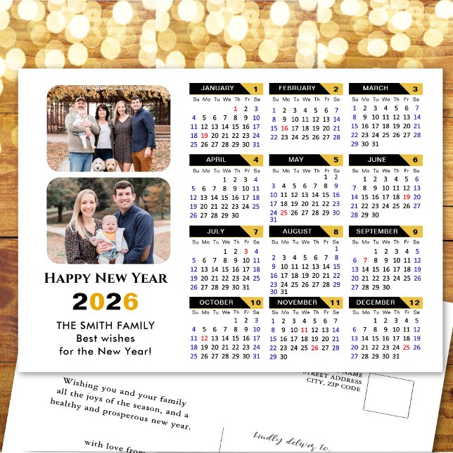 Modern 2026 Calendar Family 2 Photo Black Gold Holiday Postcard (Creator Uploaded)