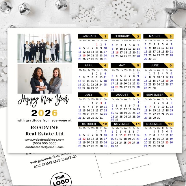 Modern 2026 Calendar Gold Black Business 2 Photo Holiday Postcard (Creator Uploaded)