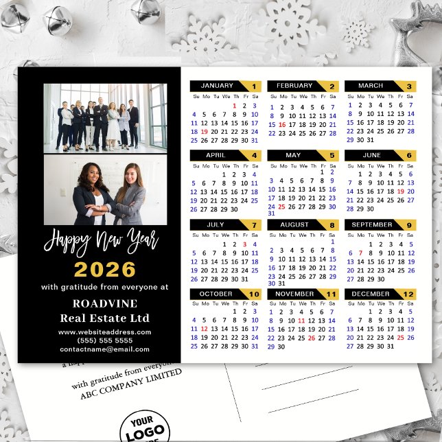 Modern 2026 Calendar Gold Black Business 2 Photo Holiday Postcard (Creator Uploaded)
