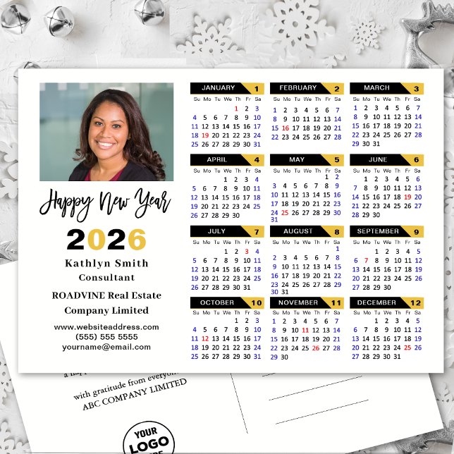 Modern 2026 Calendar Gold Black Business Photo Holiday Postcard (Creator Uploaded)