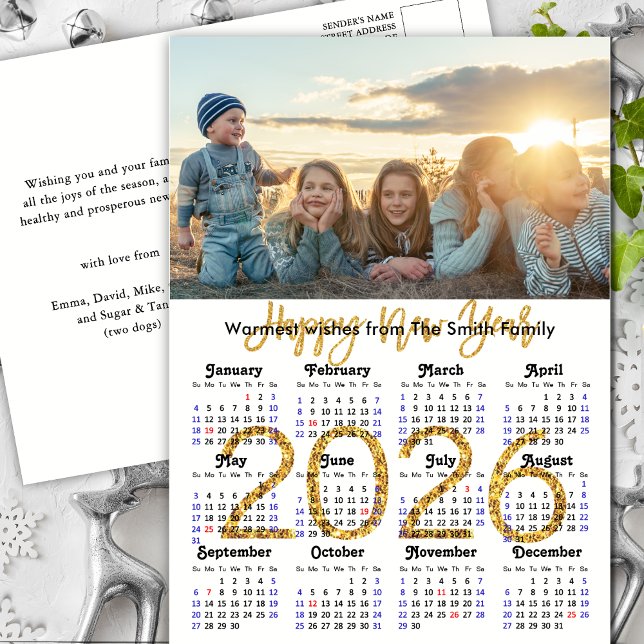 Modern 2026 Calendar Gold Script Photo Minimalist Holiday Postcard (Creator Uploaded)