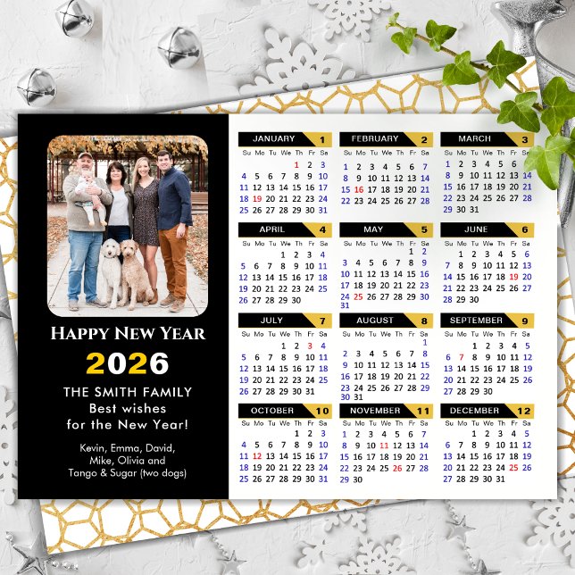 Modern 2026 Calendar Photo Black Gold Minimalist Holiday Card (Creator Uploaded)