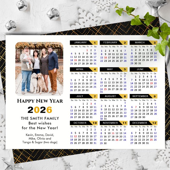 Modern 2026 Calendar Photo Black Gold Minimalist Holiday Card (Creator Uploaded)
