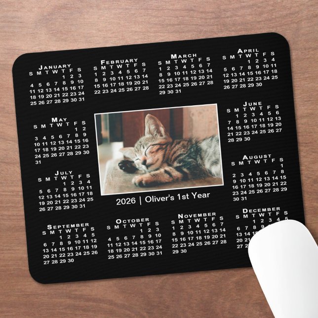Modern 2026 Calendar Your Photo Name on Black Mouse Pad (Modern 2026 Calendar Your Photo Name on Black Mouse Pad, in situ)