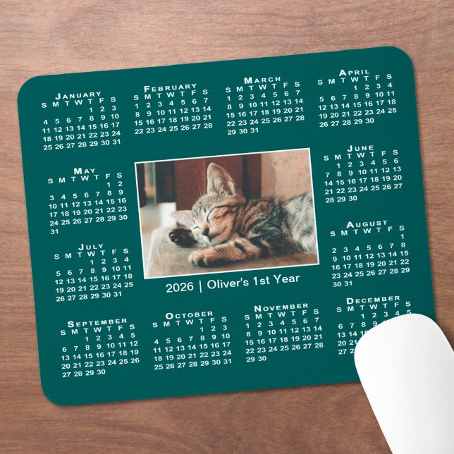 Modern 2026 Calendar Your Photo Name on Teal Mouse Pad (Modern 2026 Calendar Your Photo Name on Teal Mouse Pad, in situ)