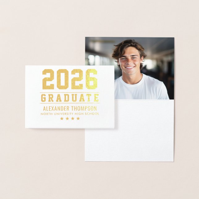 Modern 2026 Graduate Custom Graduation Photo Gold Foil Card (Display)