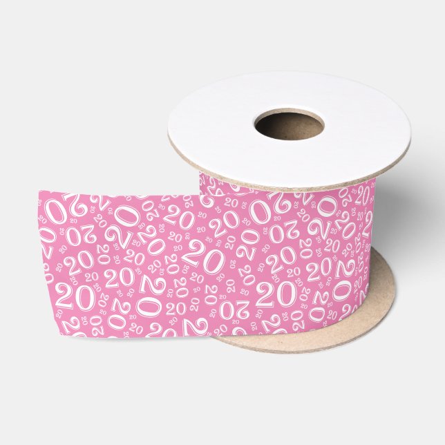 Modern 20th Birthday Number Pattern Pink/White Satin Ribbon (Spool)