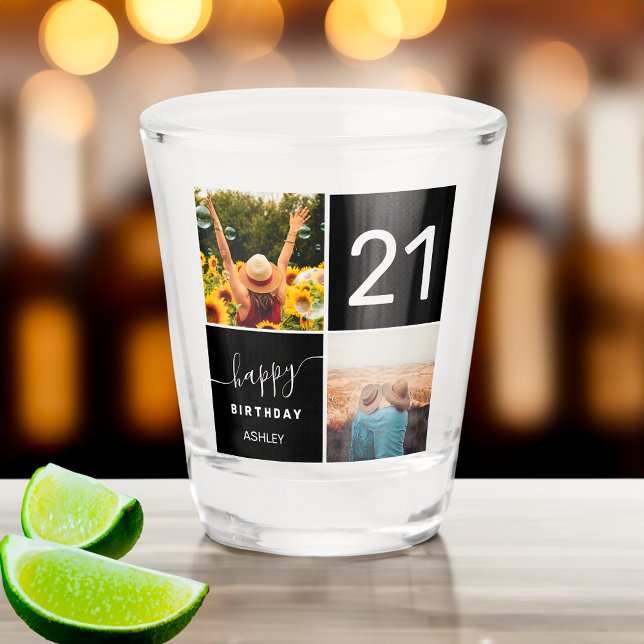 Modern 21 birthday black 2 photo collage grid shot glass (Modern 21 birthday black 2 photo collage grid shot glass)