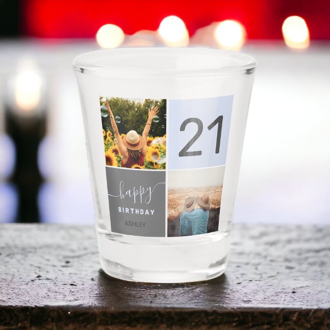 Modern 21 birthday blue 2 photo collage grid shot glass (Modern 21 birthday blue 2 photo collage grid shot glass)