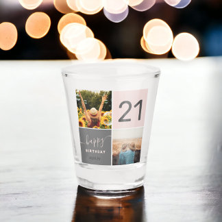 Modern 21 birthday pink 2 photo collage grid shot glass