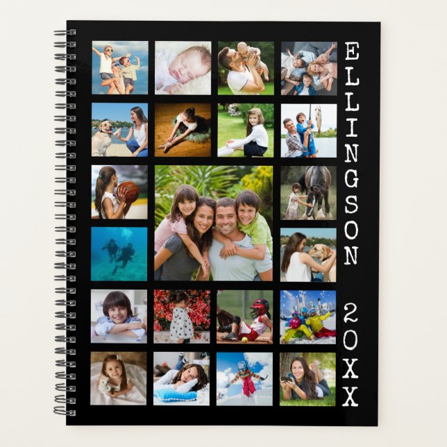 Modern 21 Photo Collage Family Black Personalised Planner (Front)