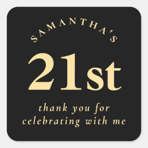 Modern 21st Birthday Black and Gold Thank You Square Sticker