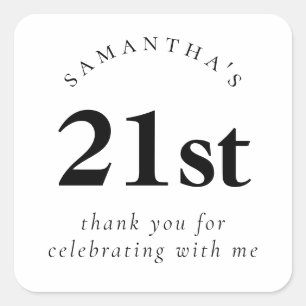 Modern 21st Birthday Black and White Thank You Square Sticker