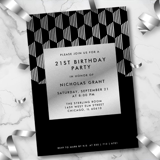 Modern 21st Birthday Classy Black Faux Silver Foil Invitation (Bold black & faux silver geometric style. Modern design for a chic 21st celebration.
)