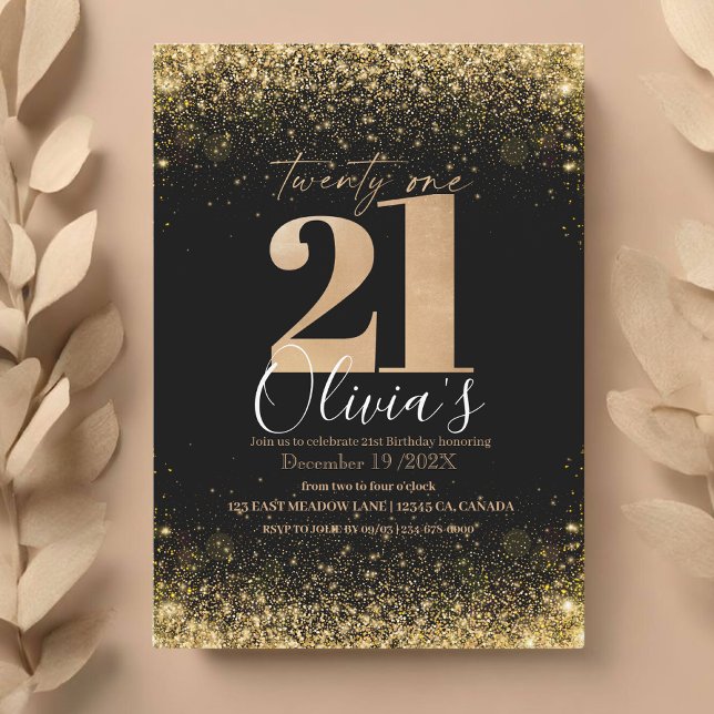 Modern 21st Birthday Party Black Gold Glitter Invitation (Creator Uploaded)