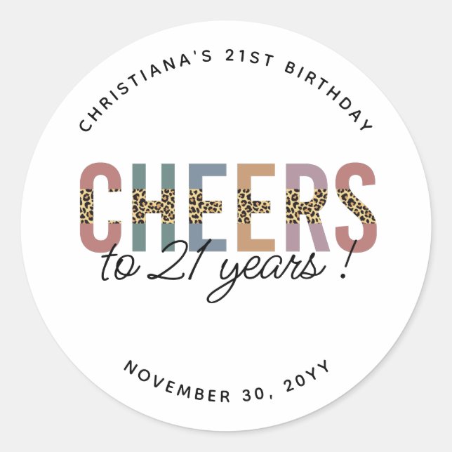 Modern 21st Birthday Party Leopard Print  Classic Round Sticker (Front)