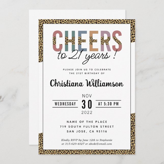 Modern 21st Birthday Party Leopard Print Elegant Invitation (Front/Back)