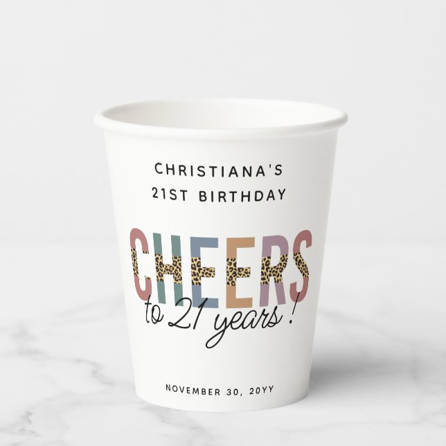 Modern 21st Birthday Party Leopard Print Paper Cups (Front)
