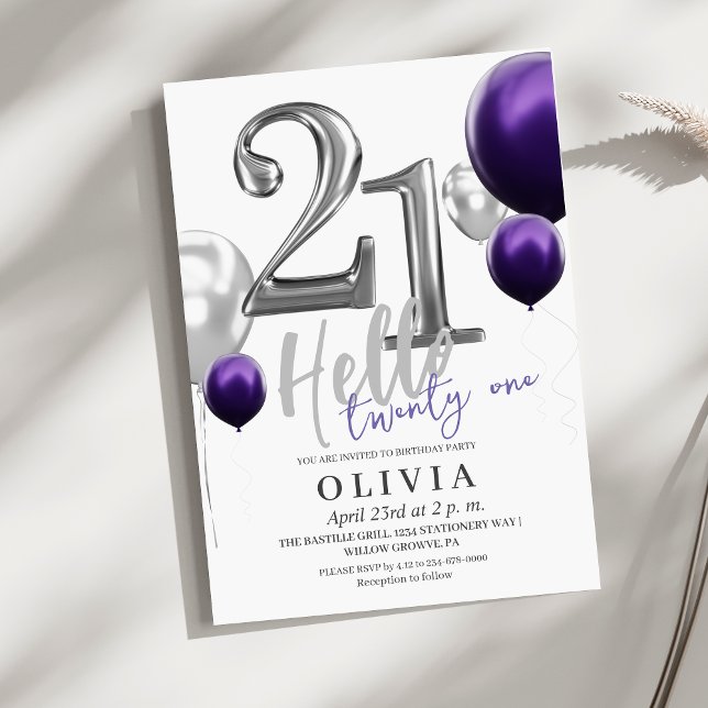 Modern 21st Birthday Party Silver Purple Balloons  Invitation (Creator Uploaded)