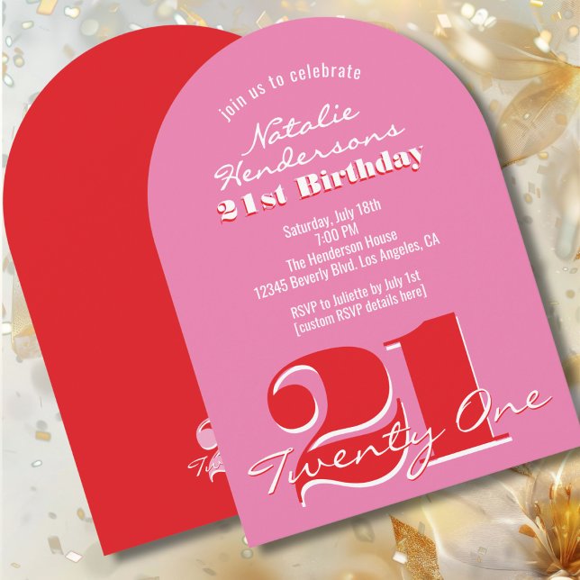 Modern 21st Birthday Pink Red Bold Typography Invitation (Creator Uploaded)