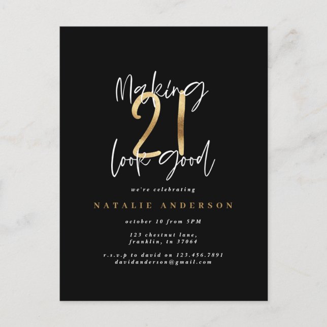 Modern 21st birthday typography black and gold postcard (Front)
