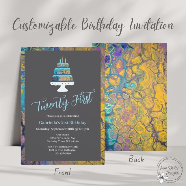 Modern 21st Birthday With Blue Cake Invitation (Creator Uploaded)