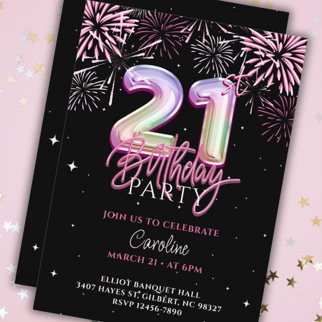Modern 21st Pink Foil Balloon Fireworks Birthday Invitation (Creator Uploaded)
