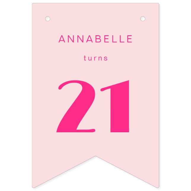 Modern 21st Twenty One Pink Birthday Party Bunting (First Flag)