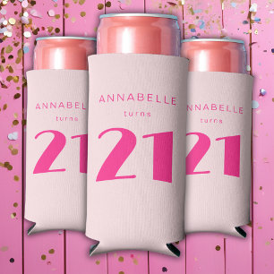 Modern 21st Twenty One Pink Birthday Party Seltzer Can Cooler