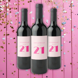 Modern 21st Twenty One Pink Birthday Party Wine Label