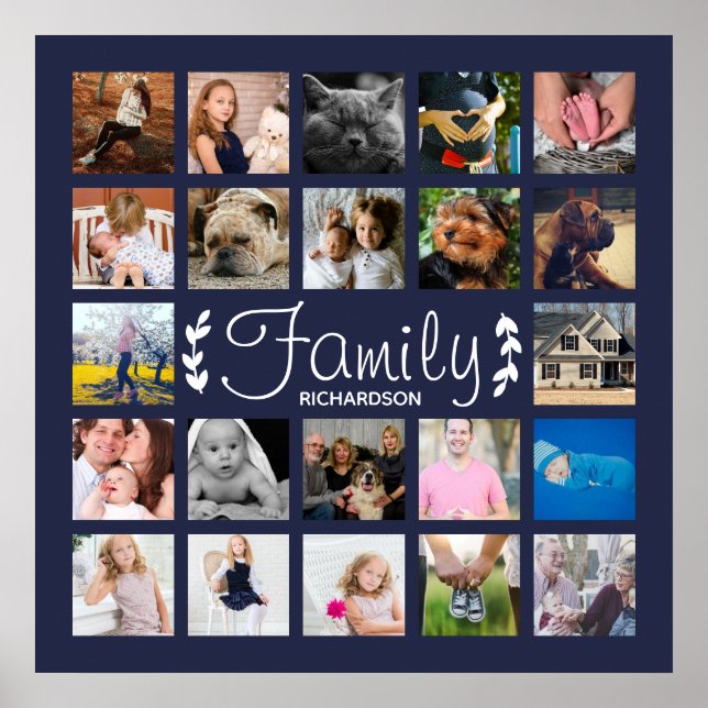 Modern 22 Family Photo Collage Laurels Navy Poster (Front)