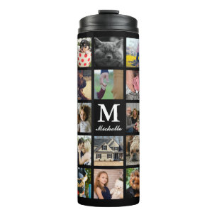 Modern 24 Family Photo Collage with Initial & Name Thermal Tumbler