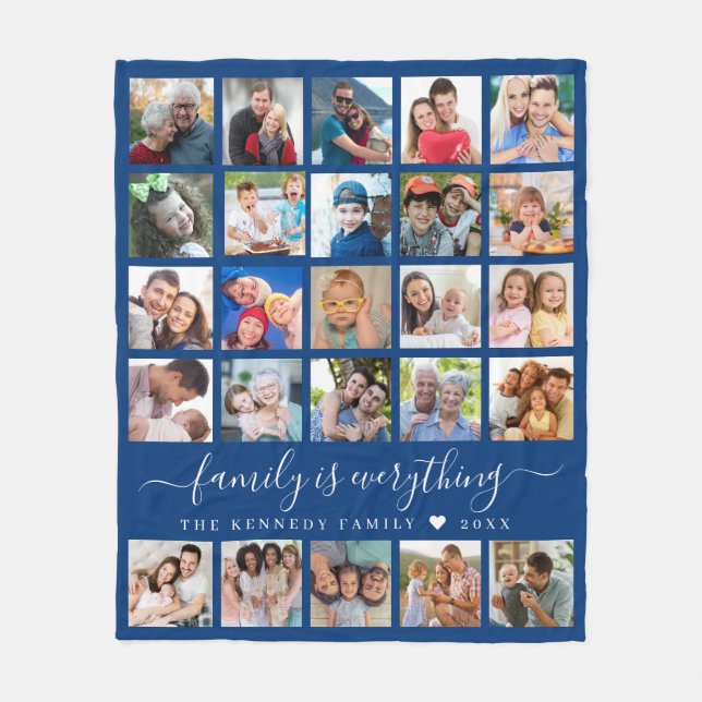 Modern 25 Photo Collage Quote Family Name Blue Fleece Blanket (Front)