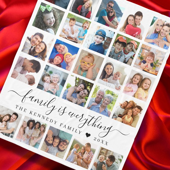 Modern 25 Photo Collage Quote Family Name Fleece Blanket ("Customize your 25-photo collage blanket. Tailored with family name—Family is Everything.")