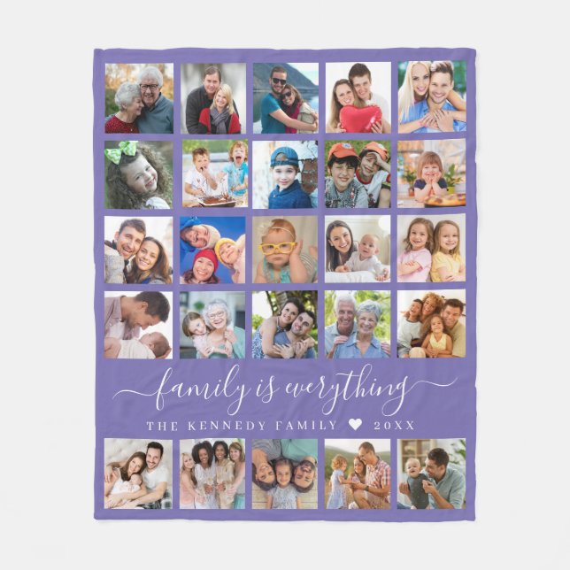 Modern 25 Photo Collage Quote Family Name Purple  Fleece Blanket (Front)